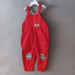 VTG CBJ 90s Toddler Overalls 3T Little Lumberjack Red Cotton Overalls Plaid Trim
